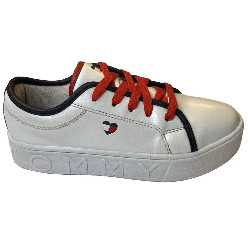 Tommy Hilfiger Girls Platform Sneakers Size 3 Youth White Red Laces Heart Logo
